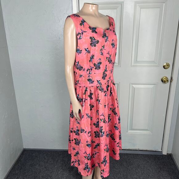 Lindy Bop Womens Dress 14 Fit Flare Pockets Retro Pinup Bird Dove Floral V3-21 - Picture 6 of 8